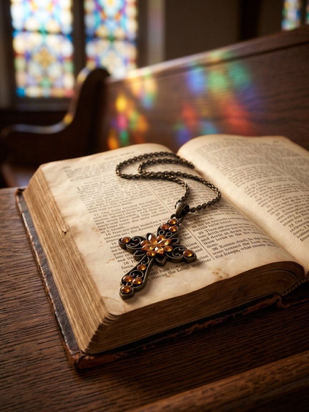 Vintage-style Filigree Cross Amber-tone Pendant Antique Bronze Metal Necklace